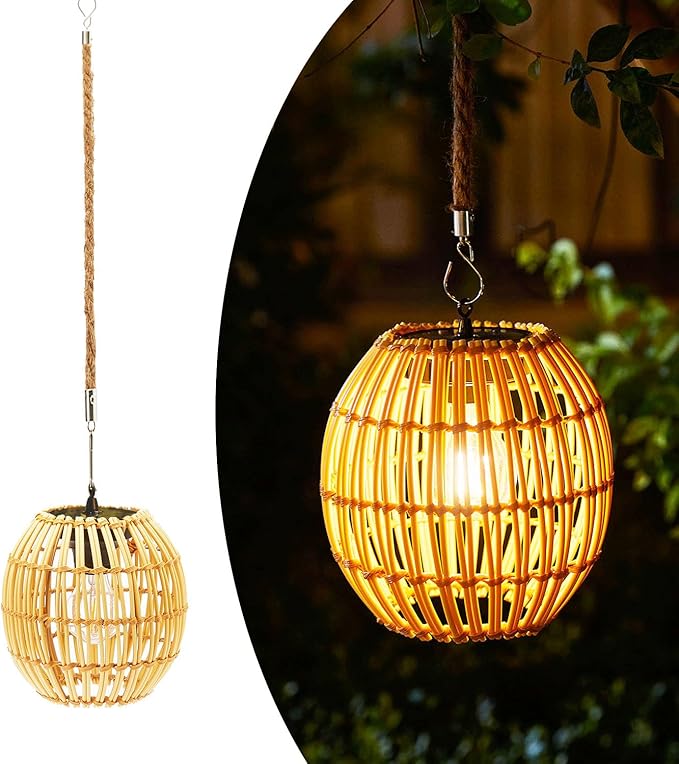 Livinlarge Hanging Solar Lantern Outdoor Waterproof Large Solar Rattan Lantern Outdoor with Twine Handle Bright Outdoors Hanging Lights with Edison Bulb for Garden Patio Yard Decoration