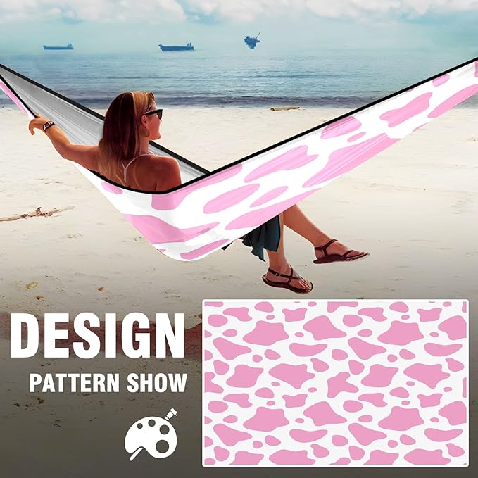 Outdoor Camping Hammock Cute Pink Cow Print Double Single Hammocks with 2 Tree Straps Lightweight Portable Heavy Duty Nylon Hammocks for Backpacking Travel Beach Backyard Patio Hiking