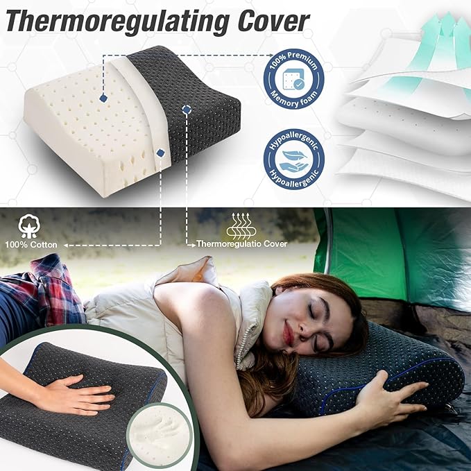 Travel &amp Camping Comfortable Memory Foam Pillow – Easy to Carry Portable Bag – Temperature Regulating Pillow Case - Perfect for Travelling (Grey Contour II)