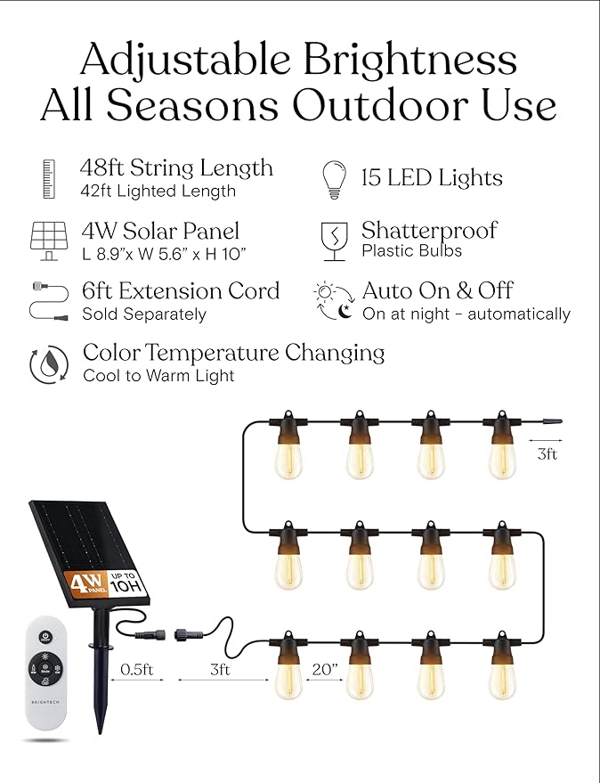 Brightech 48 (42+6) FT Ambience Pro Outdoor Solar String Lights - Bright Remote Control Color Adjustable Solar Light - Commercial Grade 15 Waterproof LED Bulbs for Patios Camping Yard Outside