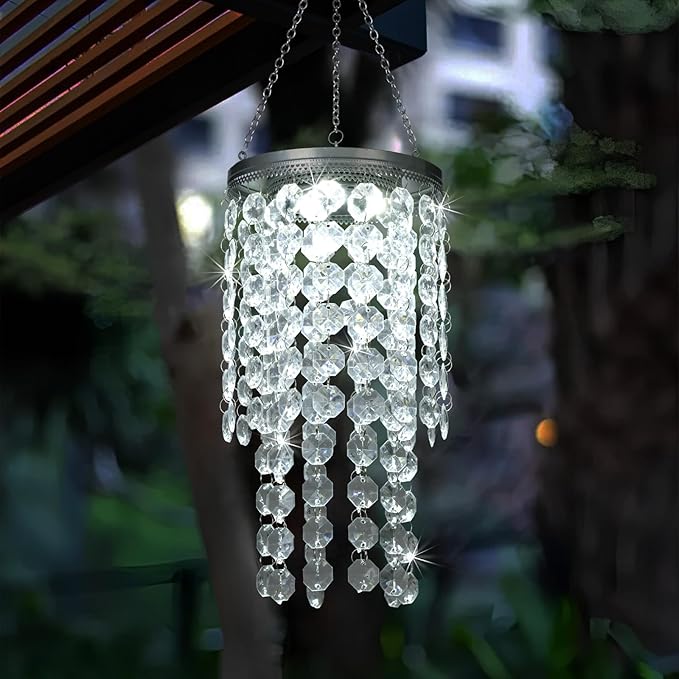 Hanging Solar Crystal Chandelier Outdoor 21” Modern Solar Transparent Acrylic Beaded Lantern with Cool White LED S Hooks for Garden Yard Patio Gazebo Outside Decor