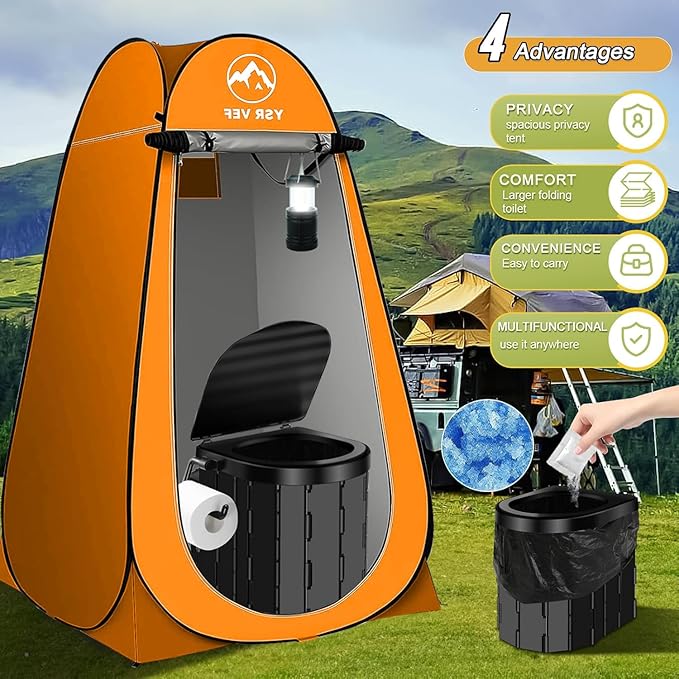 Portable Toilet Kit Camping Toilet with Pop-Up Privacy Tent and Poo Gel Toilet Bags Washable Portable Outdoor Showers Changing Rooms