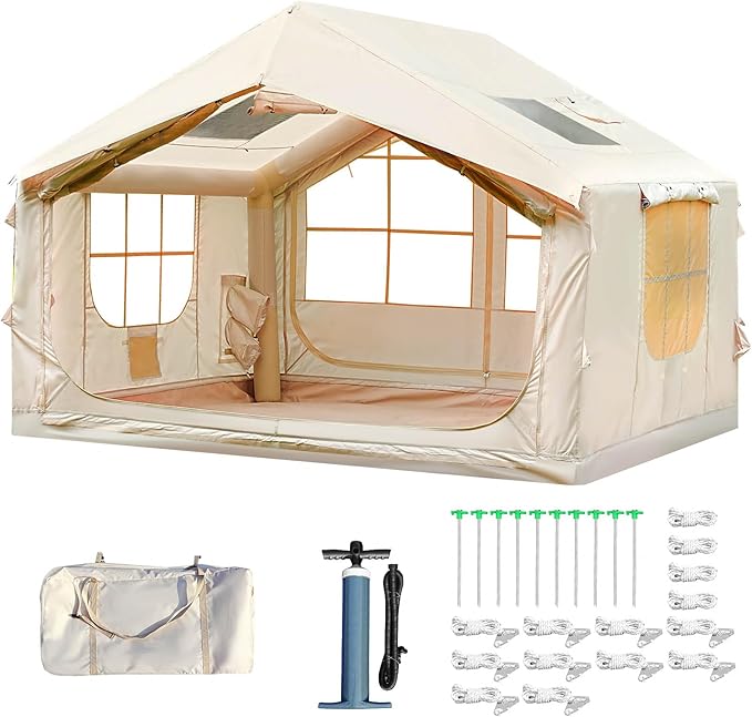 Inflatable Tent for Camping with Pump 4-6 Person Extra-Space Blow up Tent 420D Waterproof Oxford Glamping Air for Family 4 Season Inflatable House