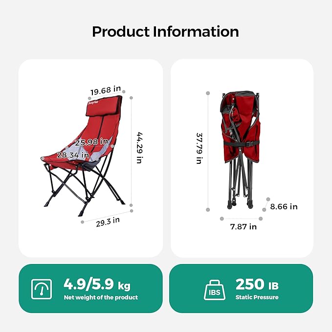 SUNNYFEEL High Red Camping Chair for Adults Lightweight Camping Chair Support 250 lbs Heavy Duty Compact Folding Chair Design Portable &amp Collapsible Camping Chairs for Outdoor Camp Beach Pic