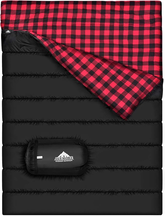 AGEMORE Cotton Flannel Double Sleeping Bag for Camping Backpacking Or Hiking. Queen Size 2 Person Waterproof Sleeping Bag for Adults Or Teens. Lightweight with Compression Sack