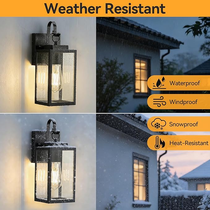 2 Pack 11.8-inch Dusk to Dawn Outdoor Wall Lights Black Exterior Light Fixture with Clear Tempered Glass IP65 Waterproof All-Metal Sconce for Porch Front Door Garage