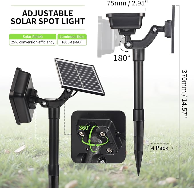 Solar Spot Lights Outdoor 72 LEDs Landscape Lighting with 3 Lighting Modes and Auto On/Off 360° Adjustable IP65 Waterproof Solar Powered Landscape Lights for Yard Garden Pathway 4 Pack