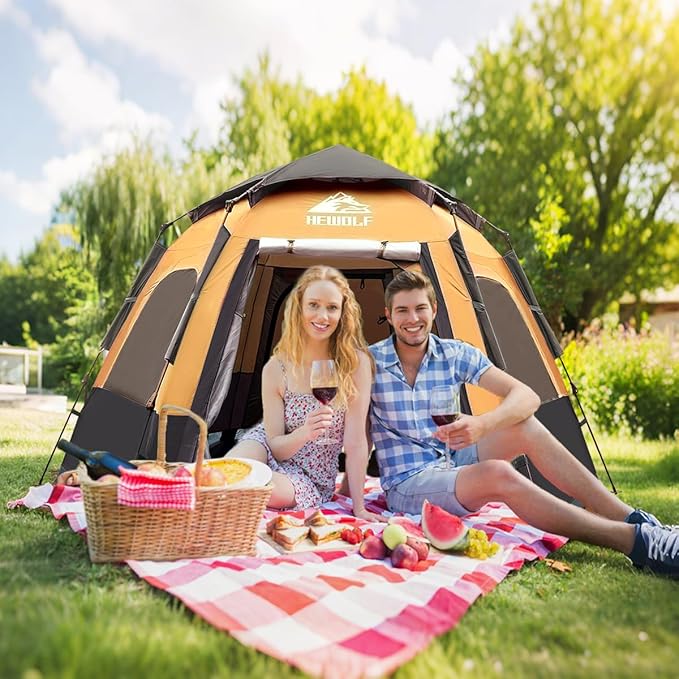 Hewolf 2/3/4 Person Camping Tent - Instant Pop Up Waterproof 2 Doors Tent with Easy Setup | 3-Season Hexagonal Dome Design for Family Hiking &amp Traveling