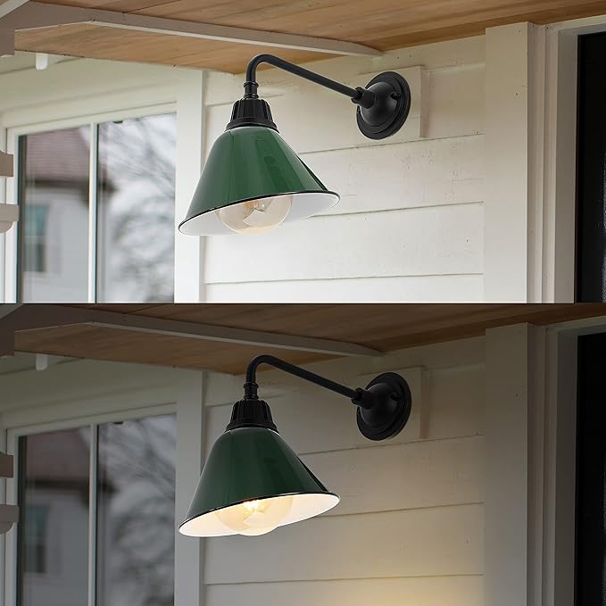 JONATHAN Y 9.63 Green/Black 1-Light Farmhouse Outdoor Sconce Industrial LED Wall Light Gooseneck Arm Barn Lamp with Metal Bell Shade for Porch Patio Kitchen LED Bulb Included (JYL7612F)