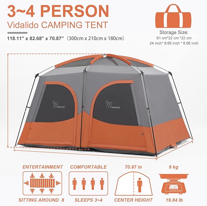 Vidalido Tents3-4 Person Camping Tent with Extended VestibuleWeather Resistant Family Tents with Breathable Mesh WindowsEasy Install Waterproof Outdoor Tent for Backpacking and Camping Hiking