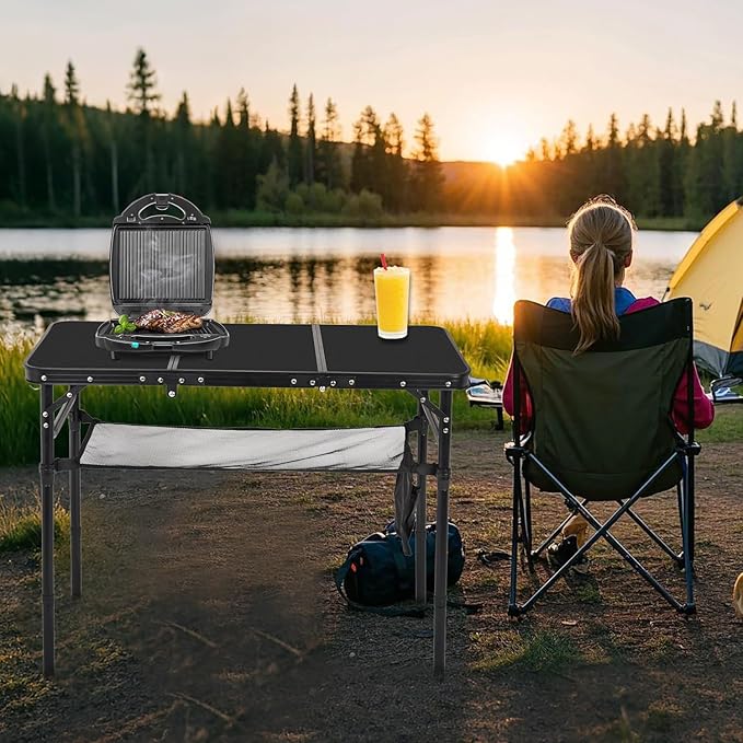 Portable Folding Camping Table Lightweight Aluminum Outdoor Picnic Table with Adjustable Height Compact &amp Sturdy Kid Table for Camping Hiking Backyard Beach Black