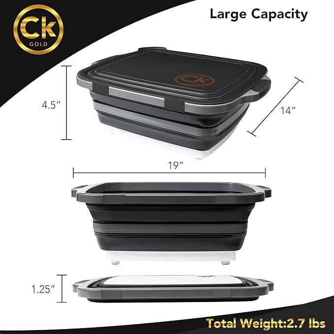 New XL Collapsible BBQ Prep Tub with LOCKING Lid Cutting Board &amp Drain Hole | BPA-Free Food-Grade Space-Saving Prep Tubs for Marinating Grilling Camping &amp Outdoor Cooking (Black 16L)