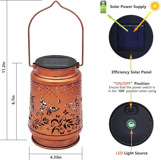 2 Pack Solar Butterfly Lanterns Outdoor Hanging Decor LanternWaterproof Hollow Out Retro Metal Decorative Garden LightGraceful Decoration for PatioYardLandscapeFestival