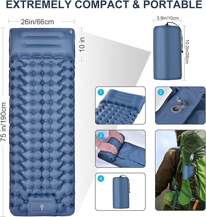 Camping Sleeping Pad | Ultra Lightweight &amp Compact | Ergonomic Camping Mattress for Indoor &amp Outdoor Use | Portable Sleeping Mat with Built-in Foot Pump &amp Pillow for Camping Hiking Trave