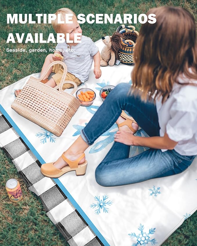 Beach Blanket Waterproof Sandproof OversizedBlue Snowflake Merry Christmas Beach Mat with Corner Stakes Sand PocketsWinter Snow Checker Outdoor Picnic Mat for Travel Camping Hiking 95x80In
