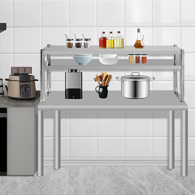Stainless Steel Double Overshelf 60''L x 12''W Commercial 2 Tier Overshelf Height Adjustable Overshelf for Prep Work Table in Kitchen Restaurant