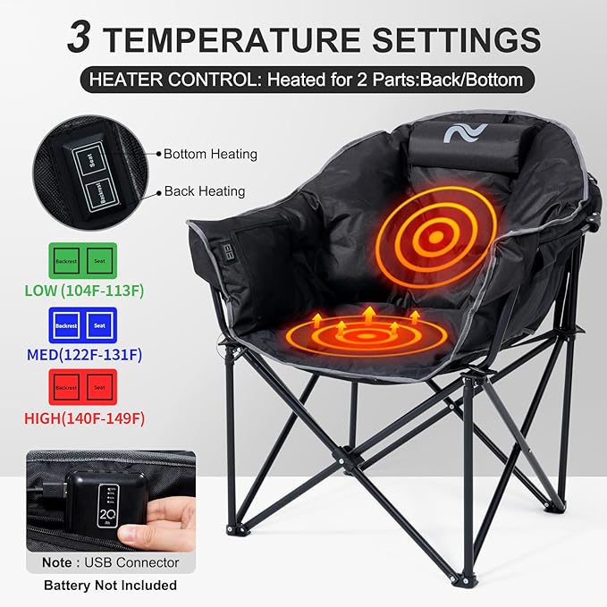 ABORON Portable Folding Heated Camping Chair Three Level Adjustable Oversized and Heavy Duty Support Up to 500 lbs Ideal for Outdoor Adventures