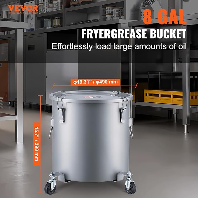 VEVOR Fryer Grease Bucket 8 Gal Oil Disposal Caddy with Caster Base Carbon Steel with Rust-Proof Coating Oil Transport Container with Lid Lock Clips Filter Bag for Hot Cooking Oil Filtering