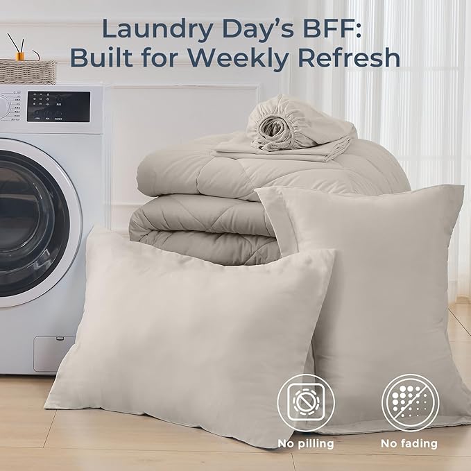 HEVUMYI Oatmeal Twin Comforter Set - 5-Piece All Season Bed in a Bag Twin Ultra Soft Bedding Set with Comforter Flat Sheet Fitted Sheet Pillowcases Pillow Shams