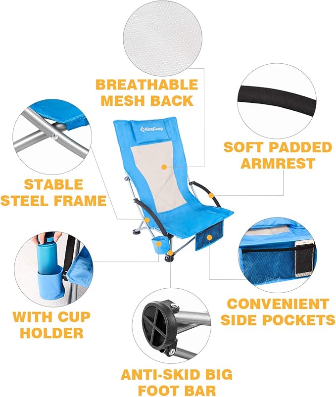 KingCamp Folding Beach Tall Sling Chair Set of 2 Compact Beach Chair with Armrests and Breathable Mesh Back Portable 2 Set Blue