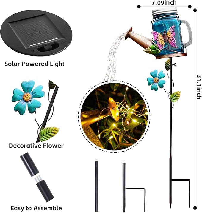 Solar Watering Can Light Yard Outdoor Decor Lights IP65 Waterproof Hanging Butterfly Garden Light Outside Garden Flower Bed Decor Women Gift Birthday Gifts