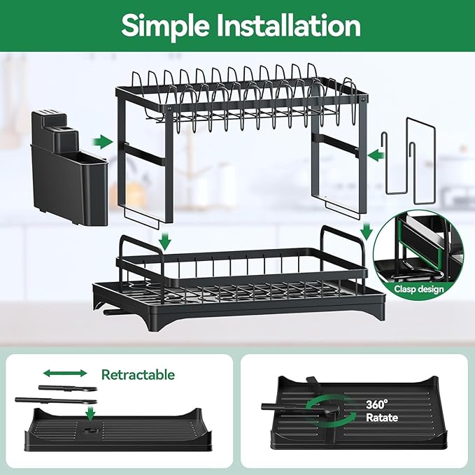 BCWW 2-Tier Dish Racks for Kitchen Counter Multifunctional Dish Drying Rack Large Capacity Metal Kitchen Dishes Drying Rack Plate Organizer for Bowls/Cups/Bottles (Black)