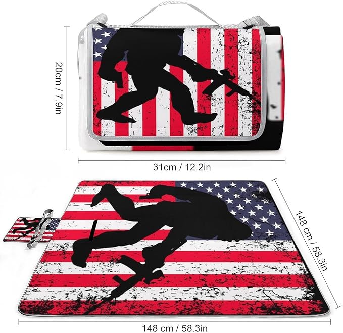 Vintage Bigfoot Sasquatch Monsters American Flag Waterproof Outdoor Picnic Blanket Sandproof Beach Mat for Camping Hiking Grass Travelling