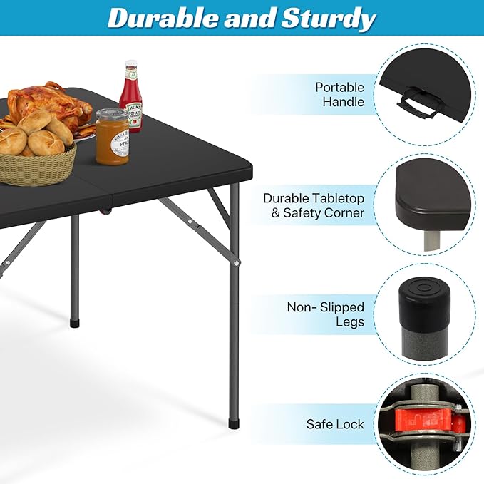 34 Square Folding Plastic Table - Portable Fold-in-Half Utility Dining Party Table with Carrying Handle No Assembly Required for Indoor/Outdoor Wedding Picnic Camping Black