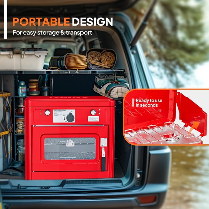 ROVSUN 2-in-1 Portable Camping Stove &amp Propane Oven with Piezo Igniter 2 Burner Stove &amp Outdoor Oven with Adjustable Fire Thermometer Wind Panel &amp Regulator for Traveling Tailgating (R