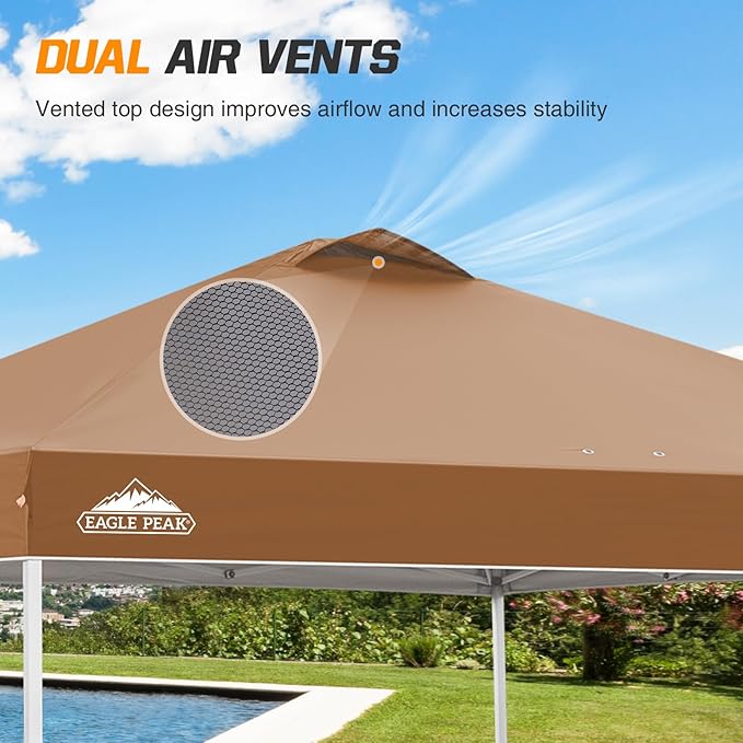 EAGLE PEAK Pop Up Canopy Tent with Wheeled Carry Bag 8 Stakes 4 Ropes 4 Weight Bags Easy Set Up Tent Canopy 10x10 ft 100sqft of Shade Khaki