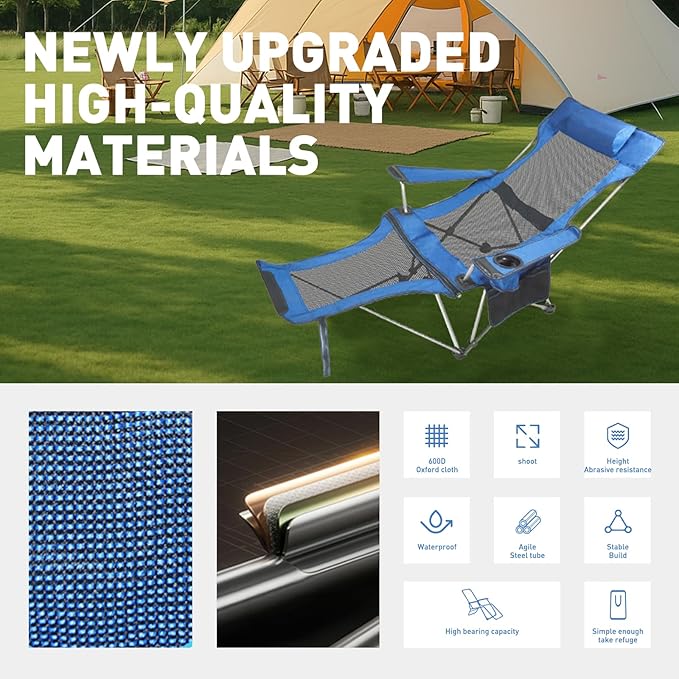 Reclining Folding Camping Chair with Removabel Footrest Adjustable Folde Camping Chair with Foot Rest Camp Lounge Outdoor Beach Chair Mesh Reclining Design with Pillow Cup Holder Blue Mesh