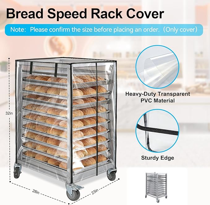 Bun Pan Sheet Rack CoverBread Speed Rack Cover with ZipperCommercial Bakery Racks 23x28x32Clear PVC Waterproof Dustproof Bread rack Cover with Breathable Mesh Vent (10-Tier TPU)