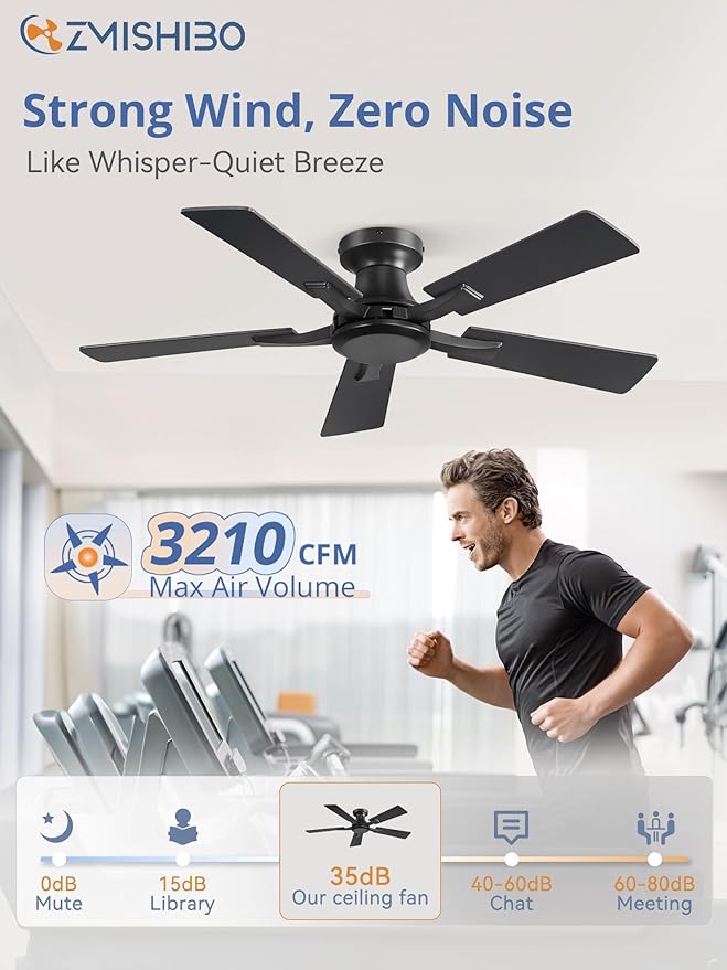 ZMISHIBO 42 Inch Ceiling Fan No Light Flush Mount Low Profile Modern Black Ceiling Fan Without Light Remote Control &amp Quiet DC Motor for Indoor&ampOutdoor Bedroom Living Room