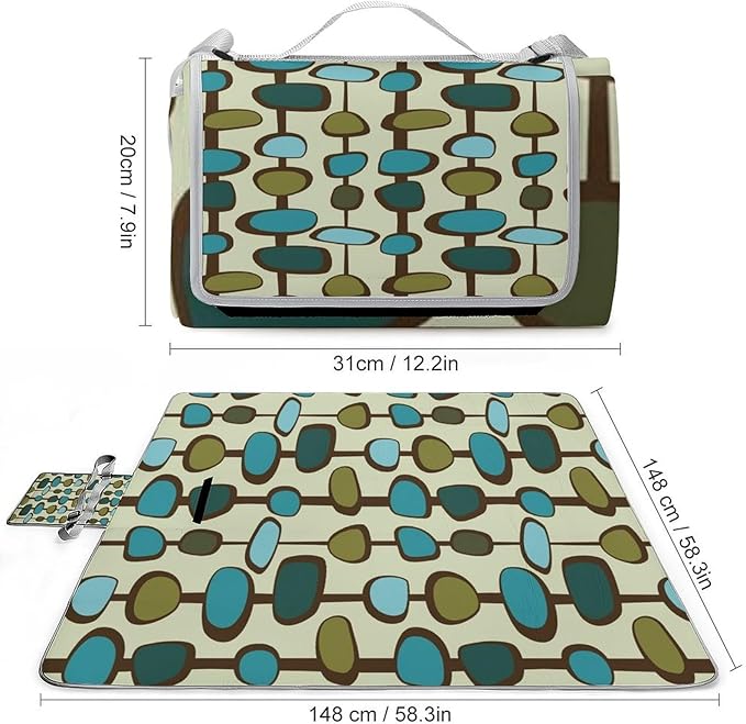 Vintage Mid Century Modern Lime Atomic Pattern Waterproof Outdoor Picnic Blanket Sandproof Beach Mat for Camping Hiking Grass Travelling
