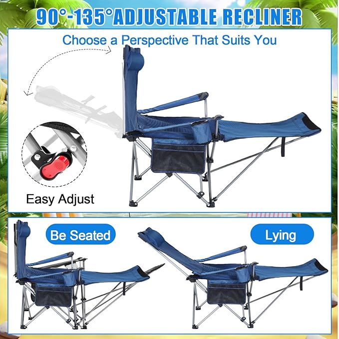 Karenhi 2 Set Beach Camping Chair with Umbrella for Adult Folding Reclining Camping Chair with Foot Rest Adjustable Clamp Canopy Shade for Outdoor Patio Travel Beach(Blue)
