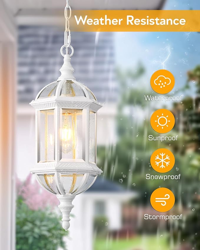 VIANIS Outdoor Hanging Lights White Outdoor Pendant Lights with Tempered Beveled Glass 20 Inch 1-Light Adjustable Outdoor Chandelier for Entryway Gazebo Waterproof and Anti-Rust 100% Aluminum