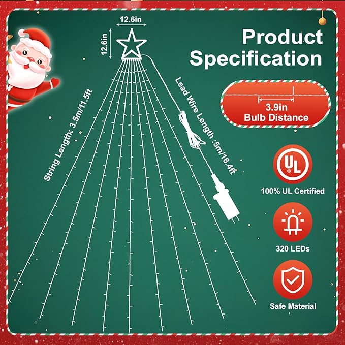 Outdoor Christmas Decorations String Lights 320 LED 11.5 Ft Waterfall Tree Lights with Star Topper 8 Lighting Modes Christmas Light for Indoor Outdoor Yard Home Festival Xmas New Year Decor