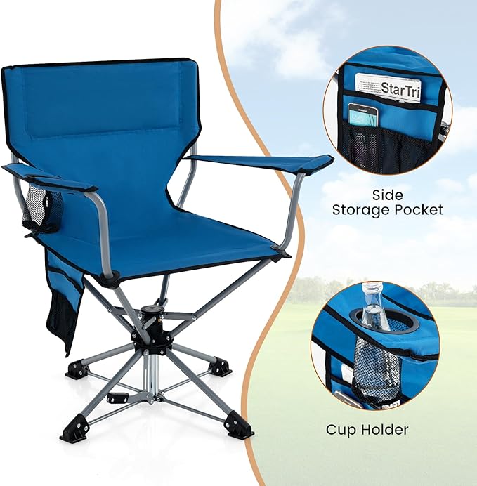 Tangkula Swivel Camping Chair Portable Lawn Chair with Cup Holder Storage Pocket Carrying Bag Lightweight Outdoor Folding Chair for Outside Camp Fishing Hiking Beach No Assembly Needed