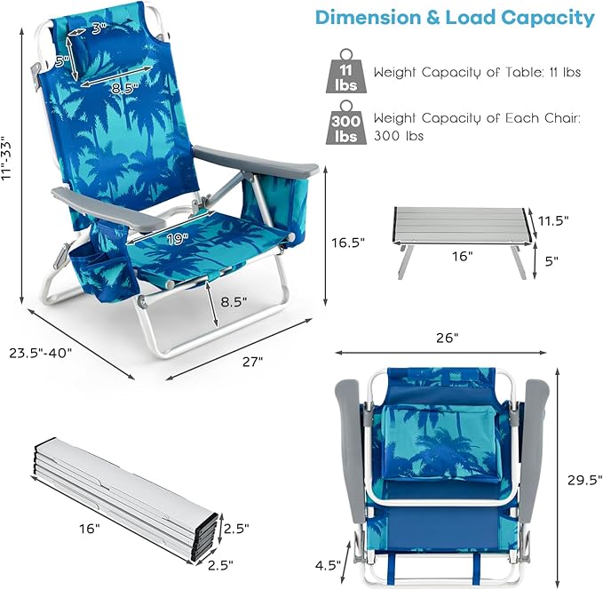COSTWAY Backpack Beach Chairs Set 3-Piece Portable Camping Chairs with Cup Holder Ice Bag 5-Position Outdoor Reclining Chairs for Adults Travel Sunbathing Support 300 LBS Light Blue