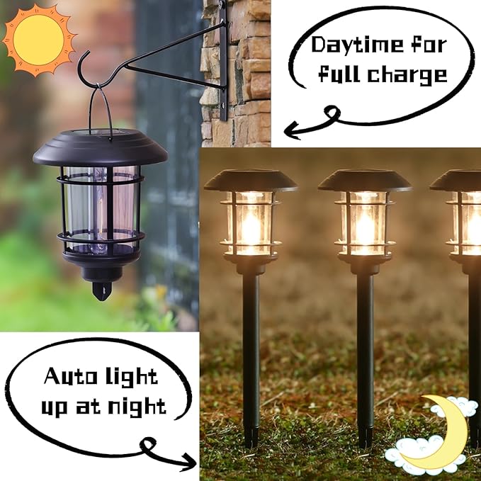 Dynaming 6 Pack Dual Use Solar Path Lights Outdoor Hanging Lantern Solar Garden Lights with Edison Bulb Landscape Lighting Waterproof &amp Auto On/Off for Patio Pathway Walkway Driveway Warm Whit