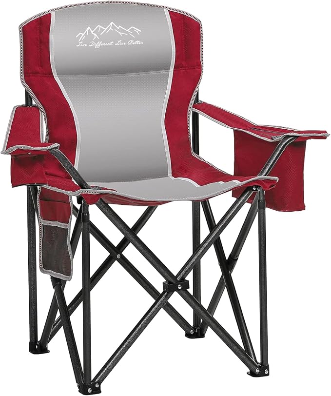 Folding Camping Chair Portable Outdoor Heavy Duty Padded Chairs Lawn Chair with Cup Holder Storage Pocket and Cooler Bag Supports 450LBS Red
