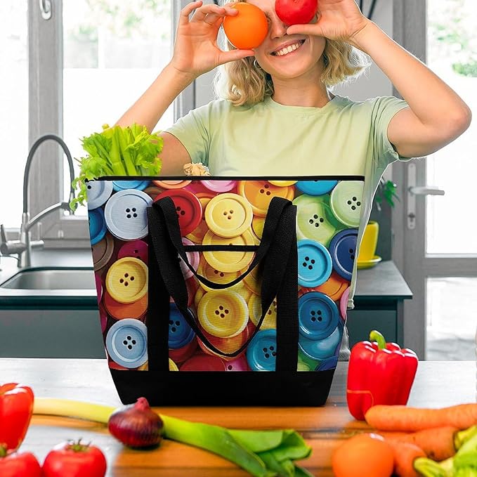 Insulated Shopping BagLarge Reusable Cooler Bags Colorful Buttons Printed Foldable Shopping BagTravel Waterproof Shoulder Bag