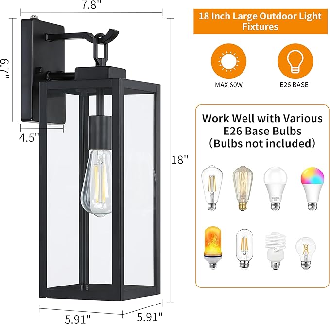GRUENLICH Dusk to Dawn Outdoor Wall Light Fixtures 18 Inch Black Exterior Waterproof Porch Sconce Lighting E26 Socket &amp Tempered Glass Double Extra Large Size Wall Lantern for Patio Garage 1-P