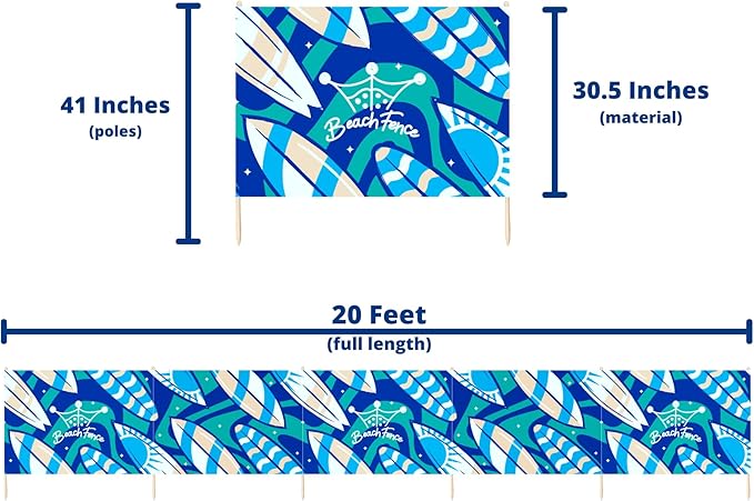 Premium 20 ft Beach Windscreen Privacy Screen Wind Blocker Free Rubber Mallet and Carry Bag Included (Surfs Up)