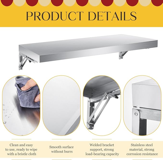 Stainless Steel Folding Shelf Wall Mounted Commercial Concession Serving Shelf for Food Truck Trailer Window Kitchen Restaurant Garage Utility Room(12x35)