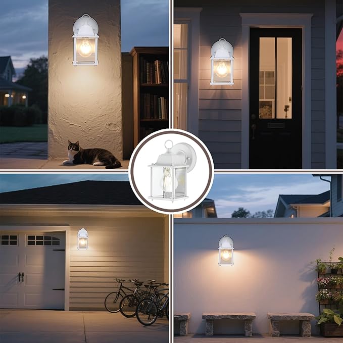 Classic White Aluminum Wall Lamp – Wet Location Outdoor Fixture Die-Cast Aluminum &amp Tempered Glass E26 Base (60W Max) for Porch Garage Garden (Single Pack