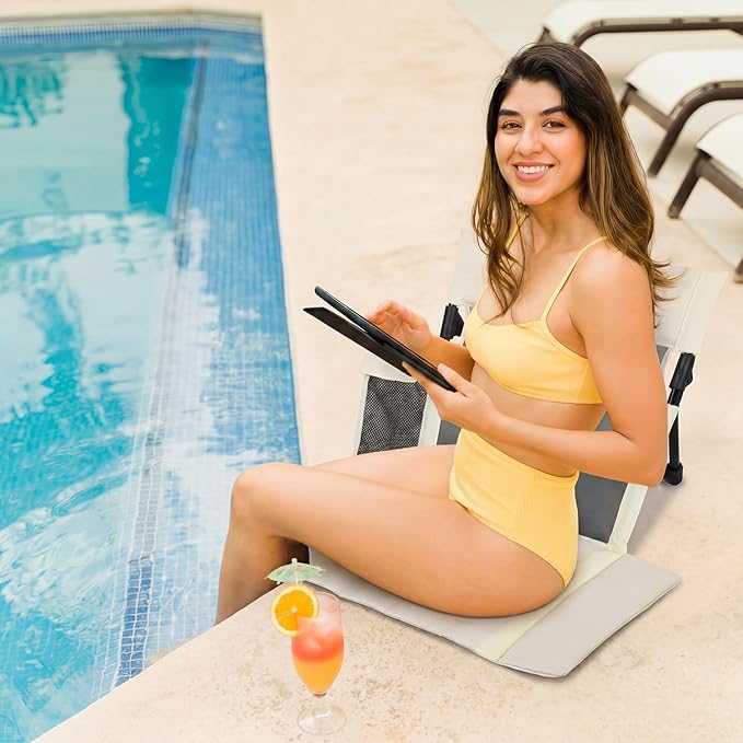 Novabright 1 Pcs Large Foldable Pool Chair Portable Poolside Breathable Seat with Cup Holder Beige Folding Flip Chairs for Edge of Pool Beach Poolside Camping Picnic Accessories