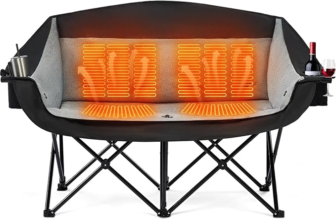 apollo walker Heated Double Camping Chair - Extra Wide Heavy Duty 600lbs Camping Couch with Adjustable Heating Dual Cup Holder &amp Carry Bag Loveseat Camping Chair for Outdoor Lawn Park