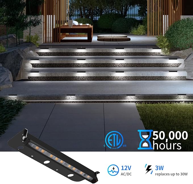 12-Packs 3W 7inch LED Hardscape Paver Lighting12V AC/DC Low Voltage Retaining Wall LightsLandscape Lighting5000K Daylight White Outdoor Step Light50000 Hours Lifespan-Black