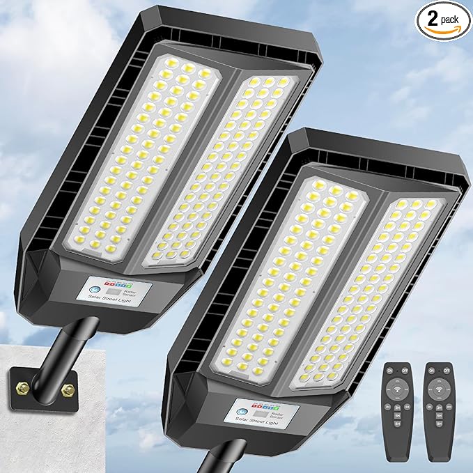5000W Solar Lights Outdoor - 7000K LED Solar Street Lights Outdoor with Motion Sensor and Remote Control IP66 Waterproof Dusk to Dawn for Yard Patio 2 Pack